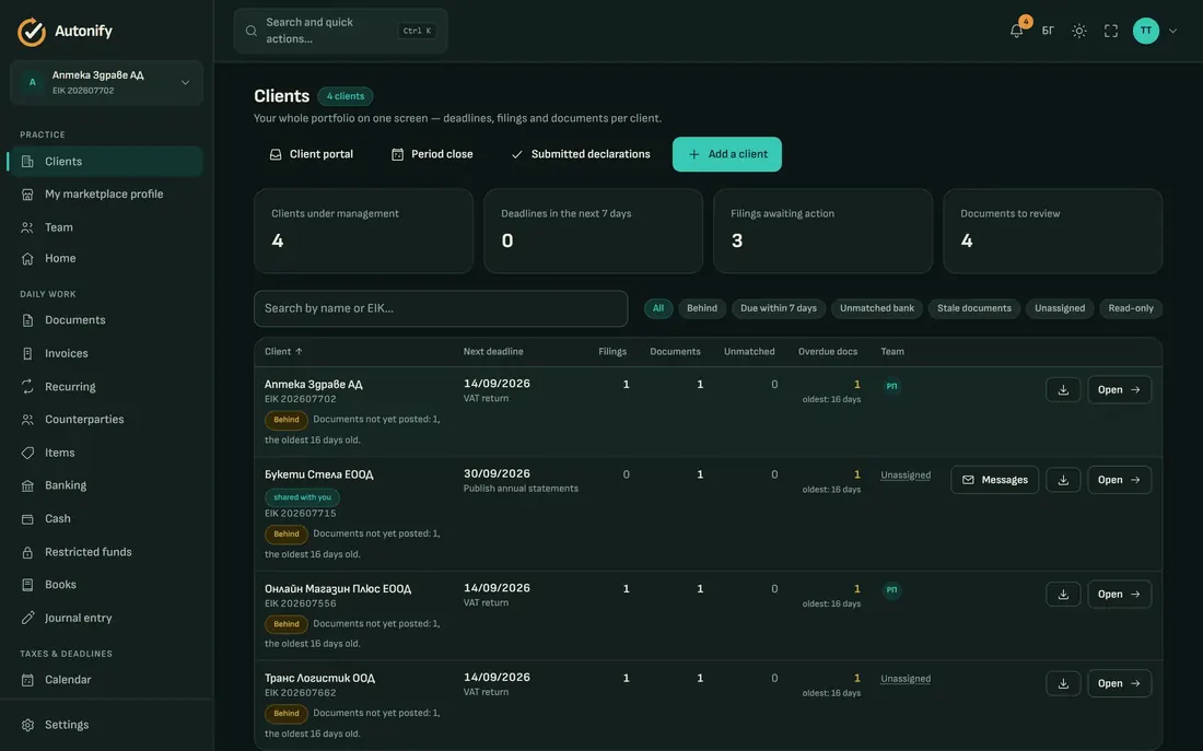 The Clients screen in dark theme
