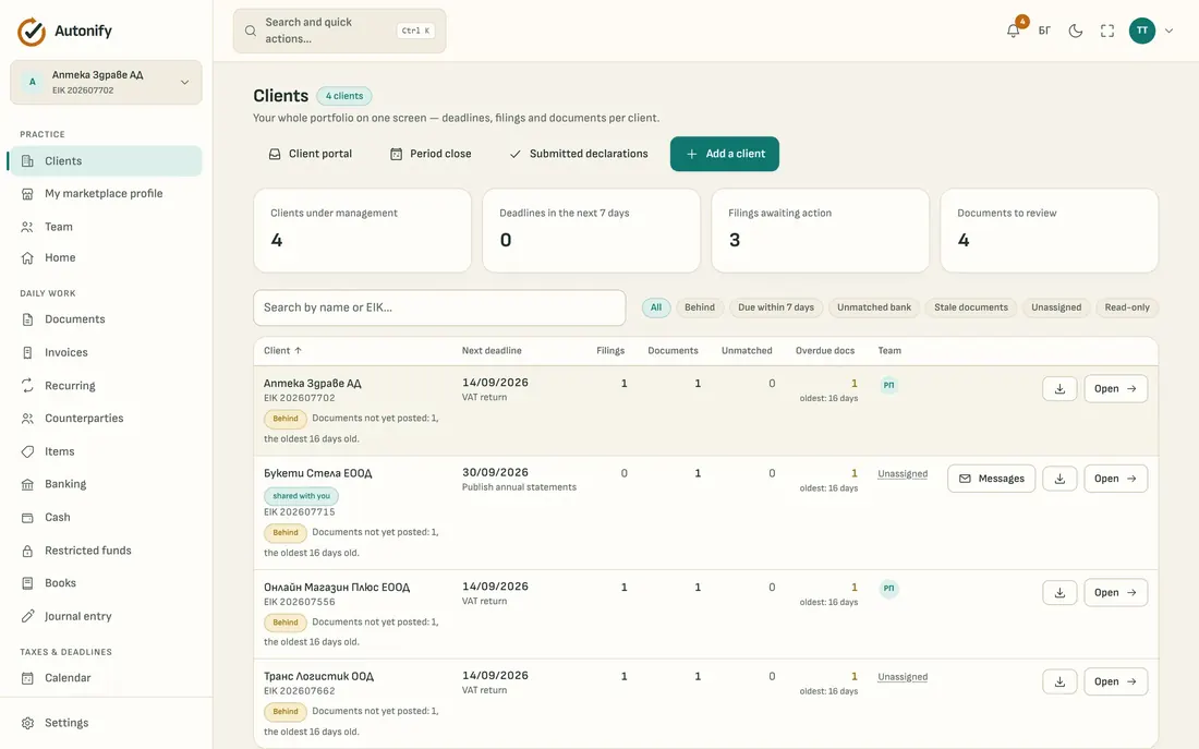 The Clients screen for accounting firms — portfolio with deadlines, the client upload portal and period close