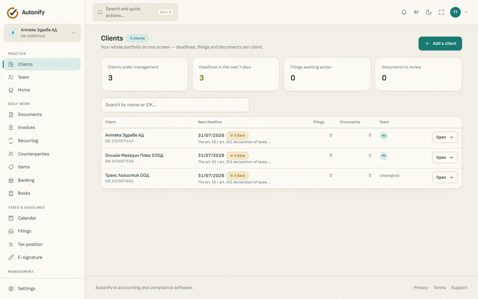 The Clients screen for accounting firms — portfolio with deadlines
