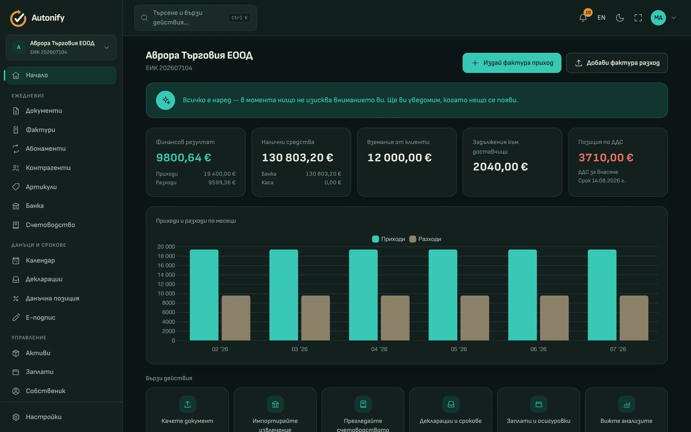 Таблото на Autonify в тъмна тема